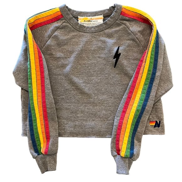 Aviator Nation Sweaters - Aviator Nation Gray Cropped Crewneck with Rainbow Sleeve Stripes
